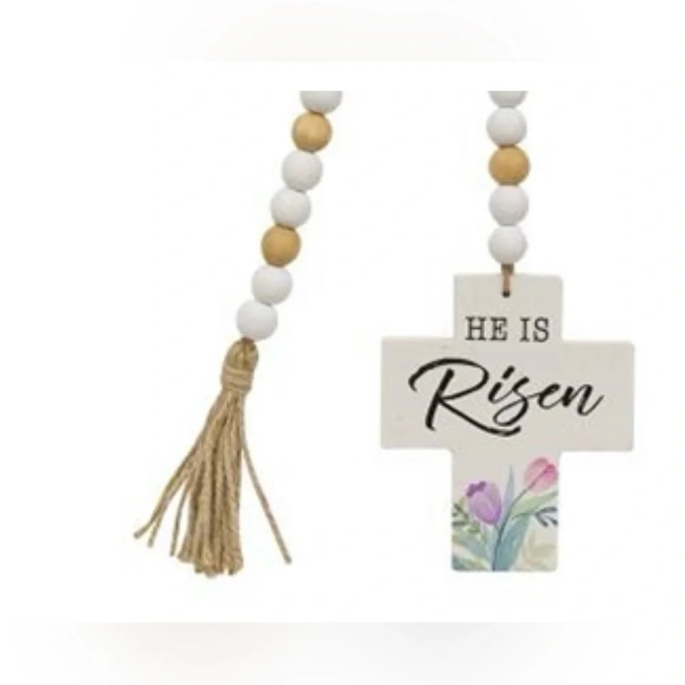 *He Is Risen Wooden Bead Garland w/Cross